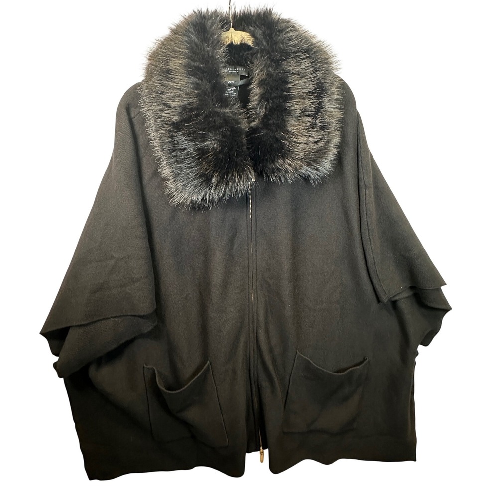 Investment Black Faux Fur Collar Zip Front Poncho Cape Coat 2X 3X Witchy Goth